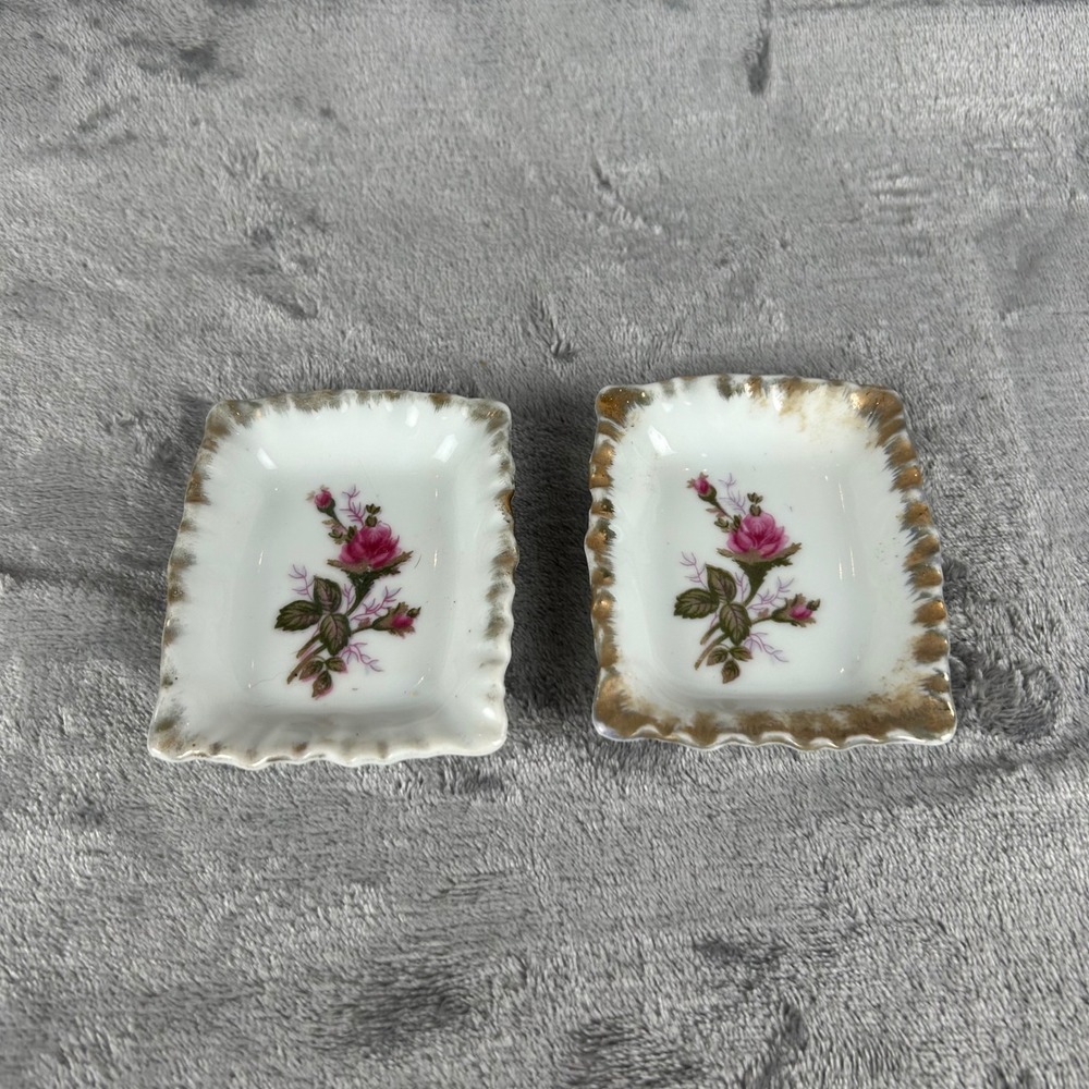 Vintage Japan Porcelain Trinket Dish‎ Set 2 Pink Rose Gold Gilt Scalloped Edge
